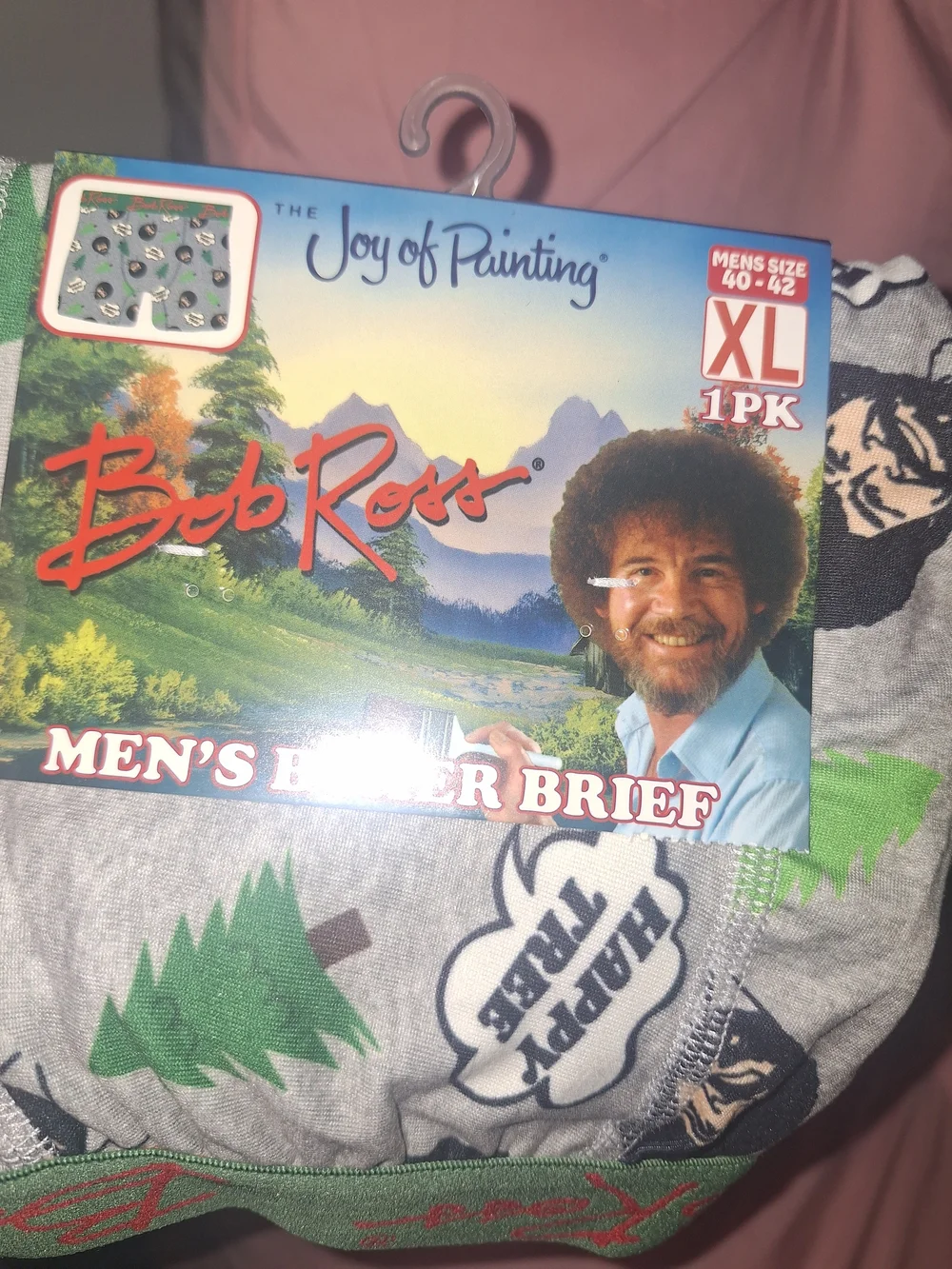 Bob Ross Men's Boxer Briefs in Light Gray with Green Waistband - XL